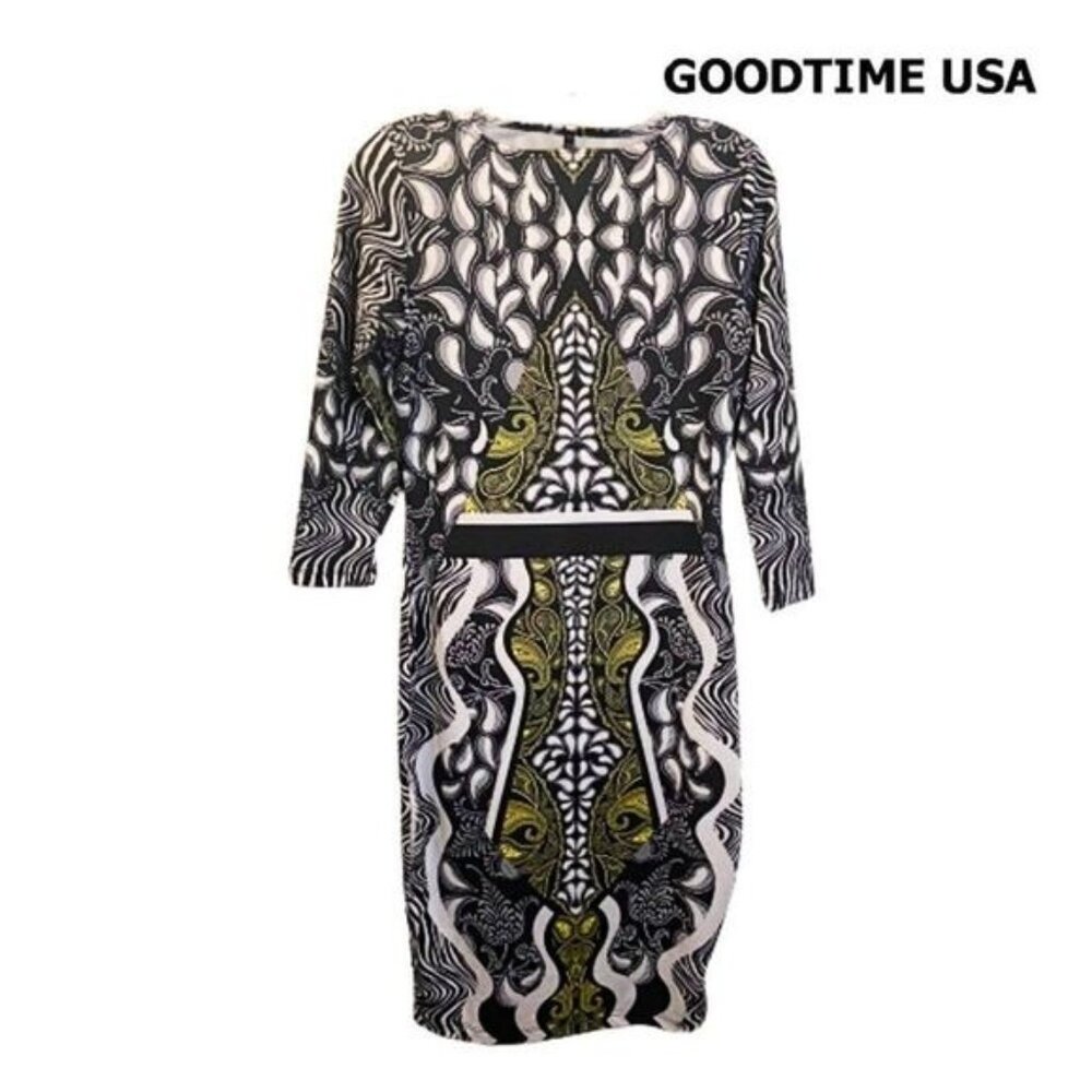 GoodTime USA Women's Jewel Neck Bodycon Geometric Midi Dress